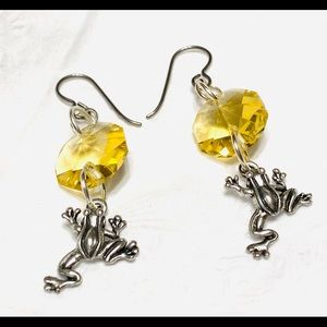 Frog earrings Yellow crystals Niobium ear Wires
